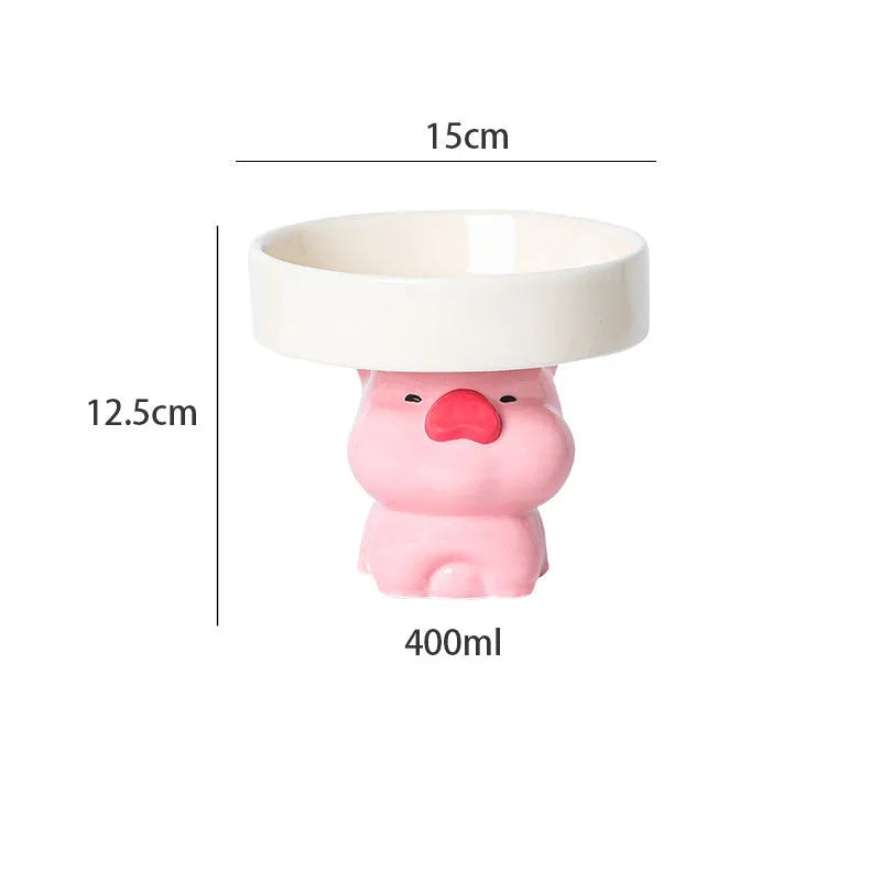 Ceramic raised cat bowl with cute animal design, shown in pink pig, white bear, and yellow duck styles.