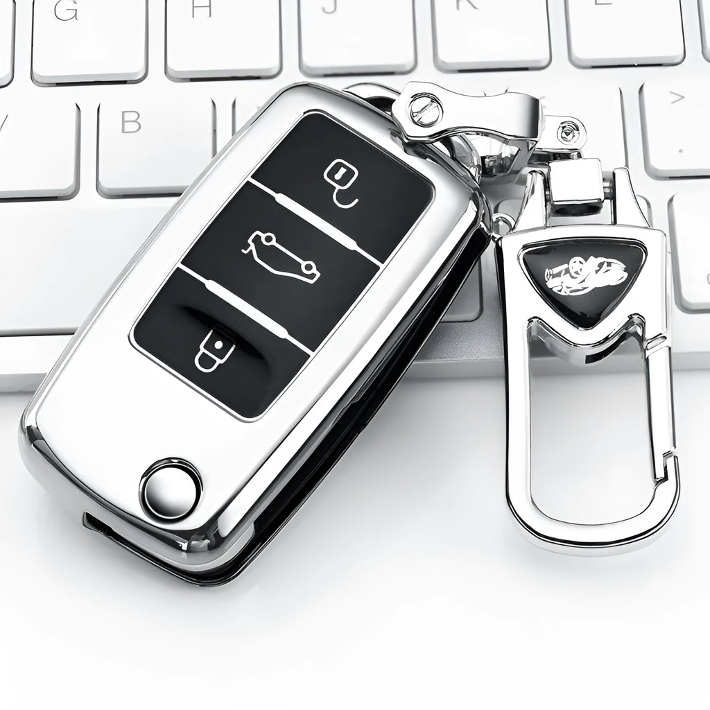 Volkswagen Model A folding key case in TPU material showing four colour options: silver, blue, pink, and red
