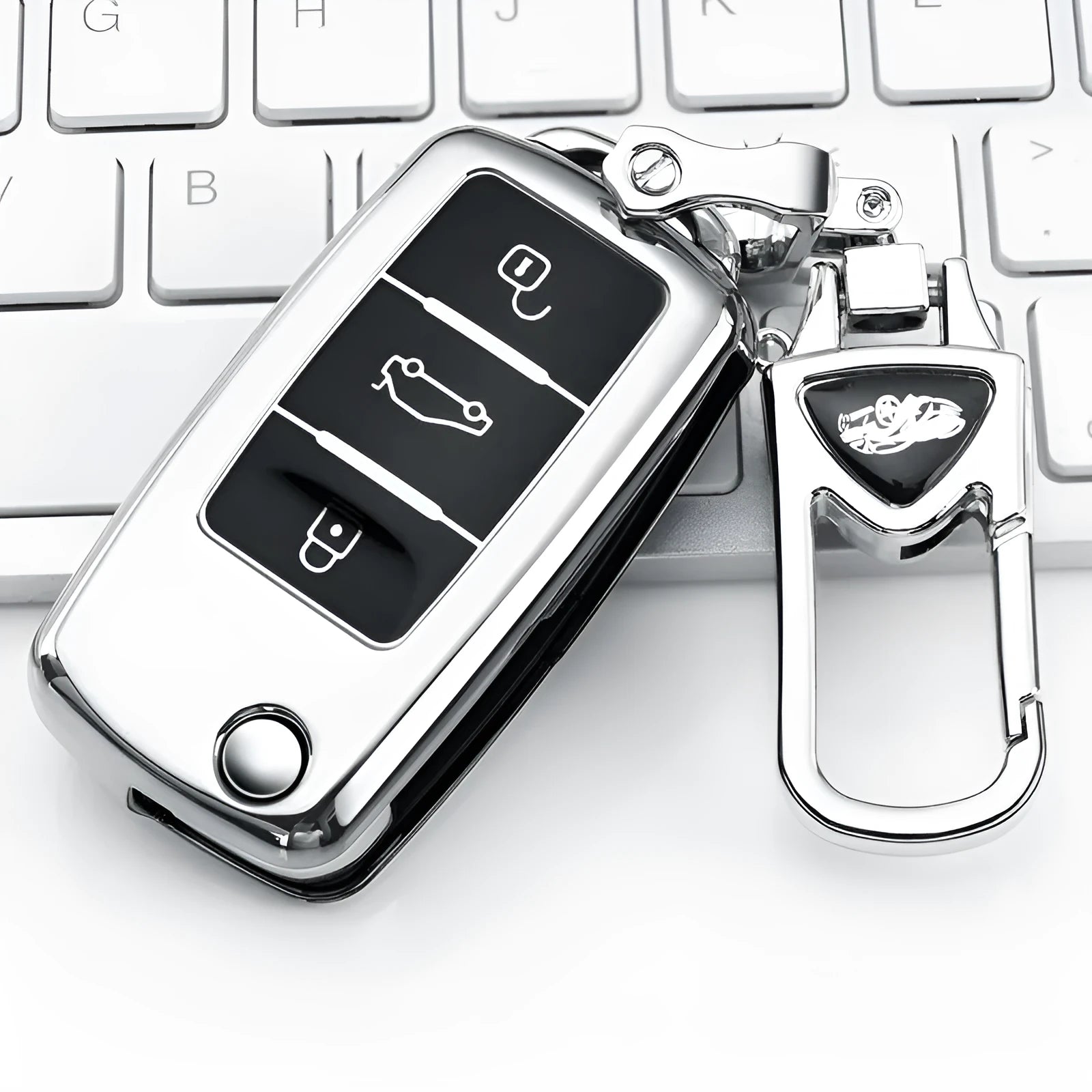Volkswagen Model A folding key case in TPU material showing four colour options: silver, blue, pink, and red