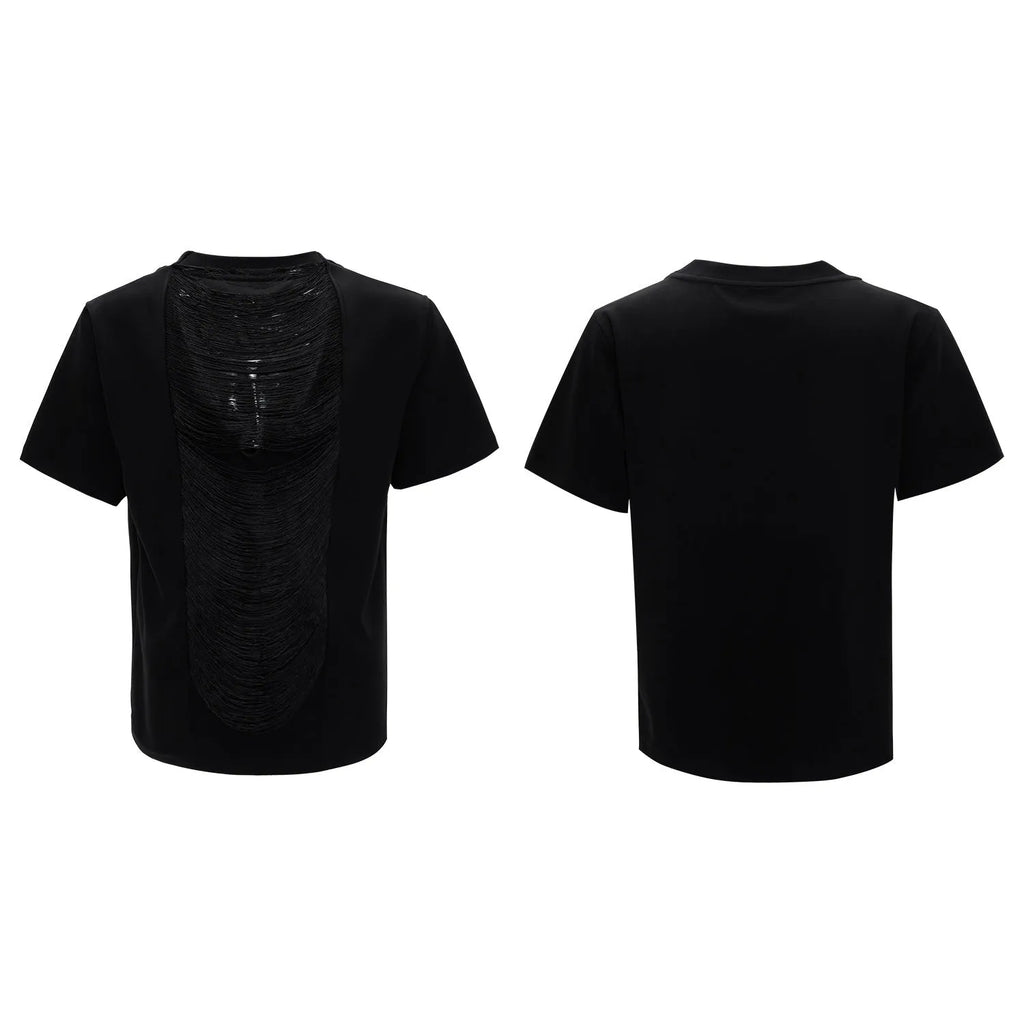 Men's drum black V-neck loose fit t-shirt with short sleeves and tassel detail