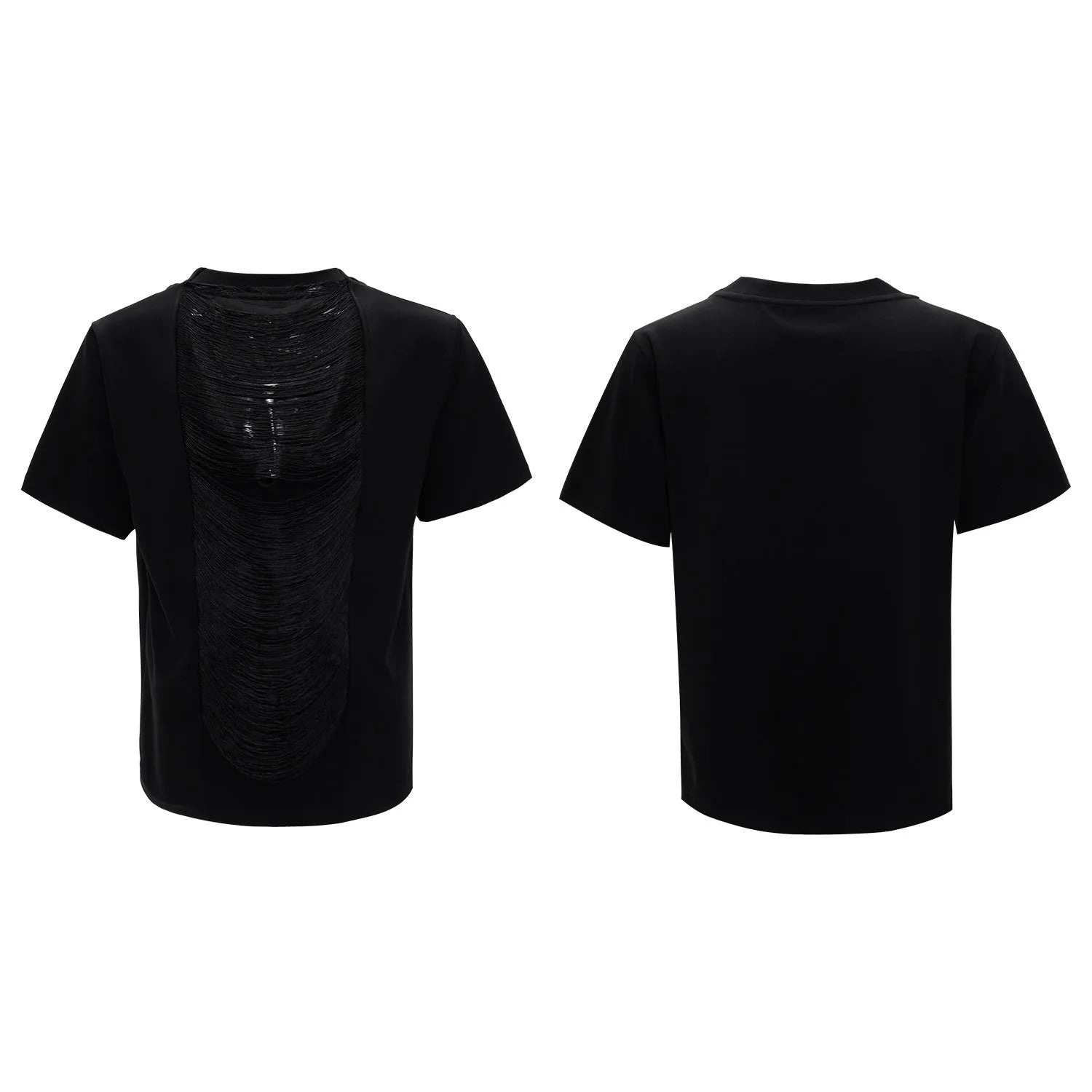 Men's drum black V-neck loose fit t-shirt with short sleeves and tassel detail