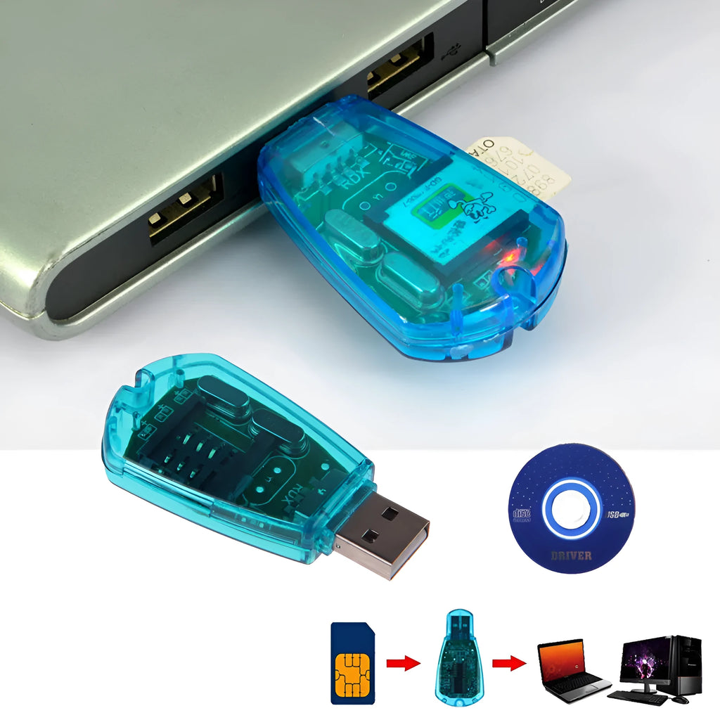 Blue external USB SIM card reader for backing up mobile phone contacts and messages.