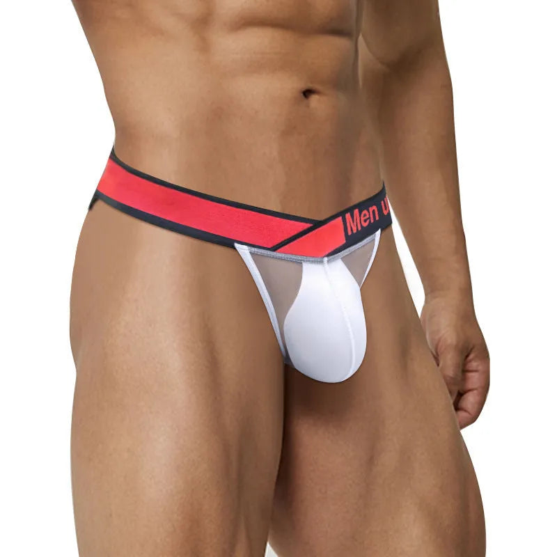 Men's transparent ice silk briefs with a large V-gradient cut and high fork design in red, black, or white.