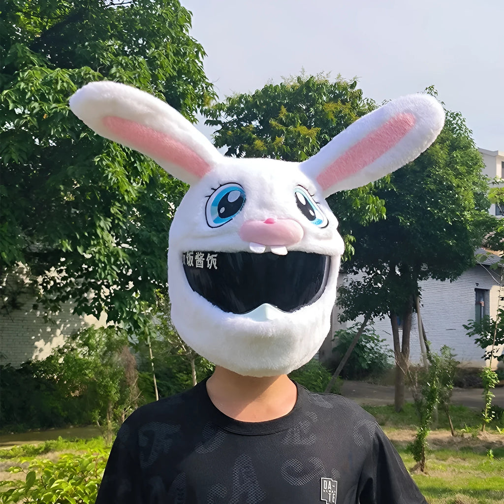 White plush rabbit head decorative cover for an electric motorcycle helmet.