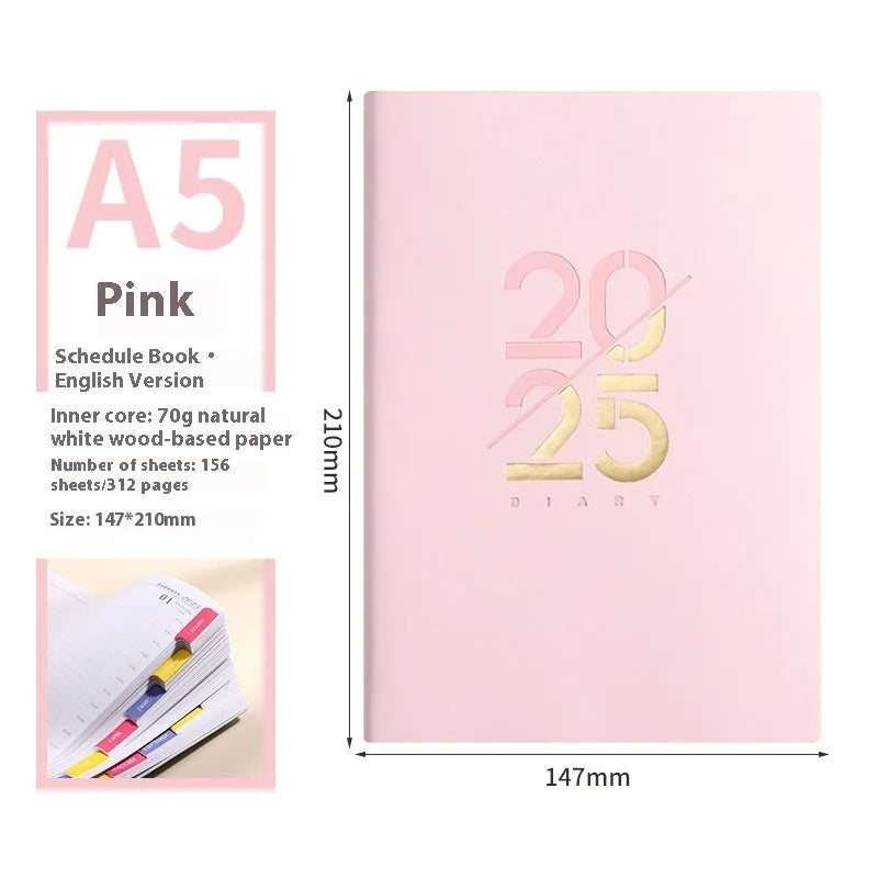 A5 2025 daily planner schedule book with faux leather cover shown in blue colour option