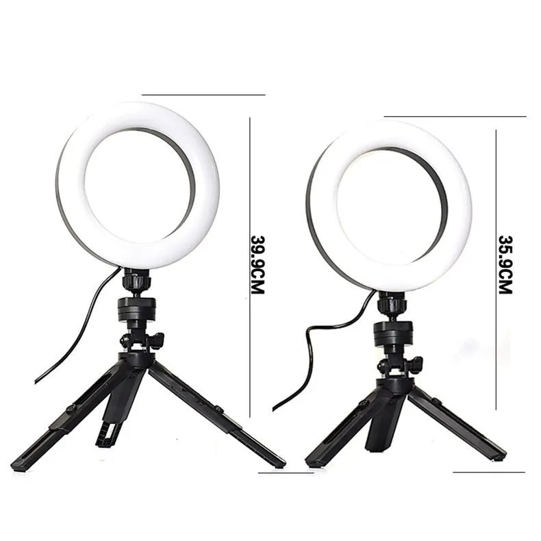 Black universal mobile phone selfie bracket with adjustable colour fill light on a desktop tripod.