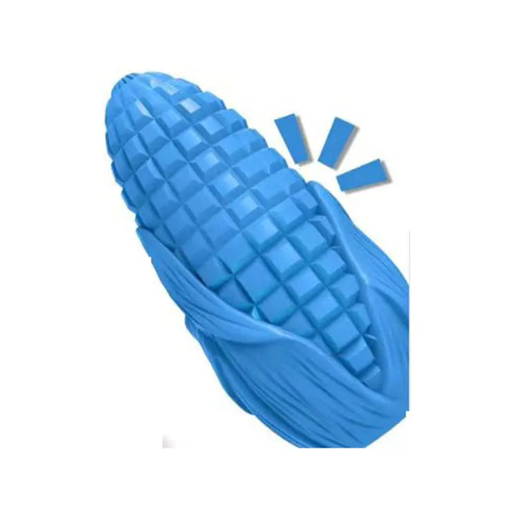 Blue and yellow corn stick dog chew toy with textured surface grooves for aggressive chewers