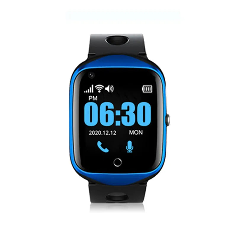 Elderly smartwatch with square colour screen and silicone strap showing GPS and SOS functions
