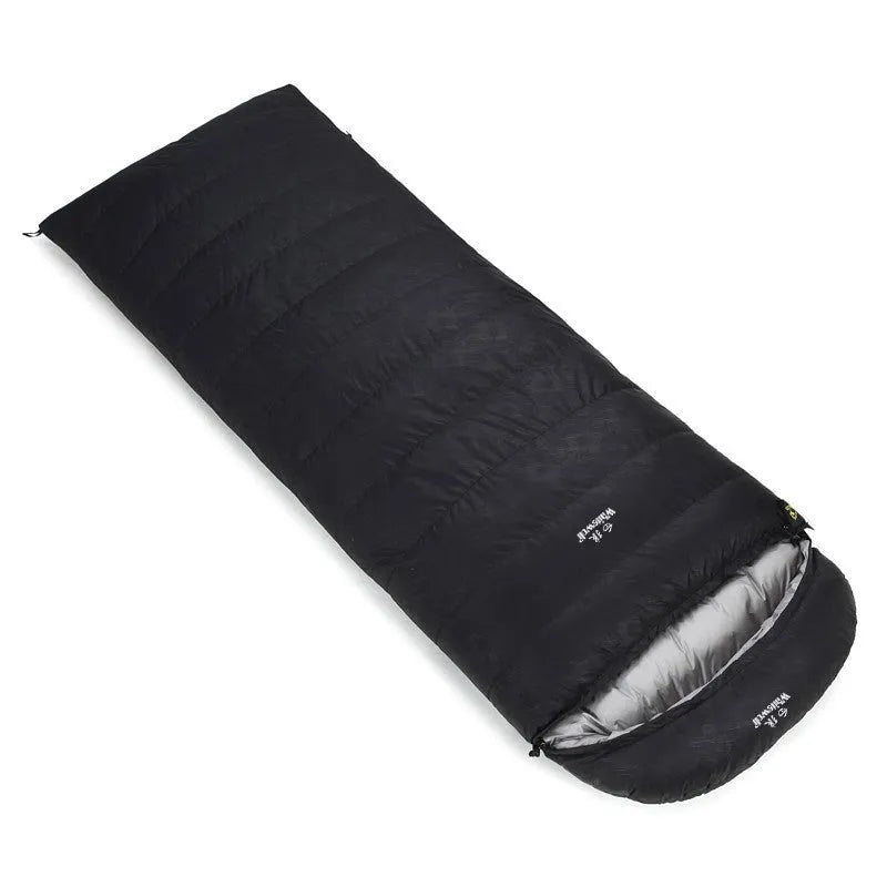 Black outdoor sleeping bag with envelope structure and white goose down filler for camping