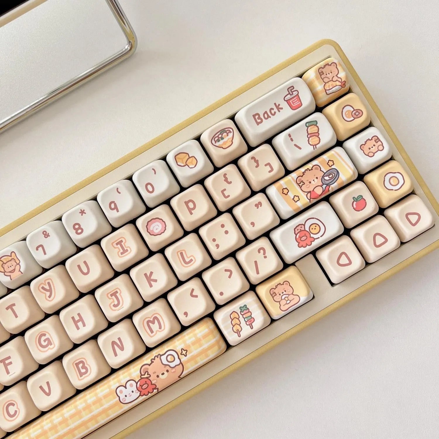 Rabbit Bear Restaurant themed mechanical keyboard keycap set showing PBT construction and thermal sublimation printing