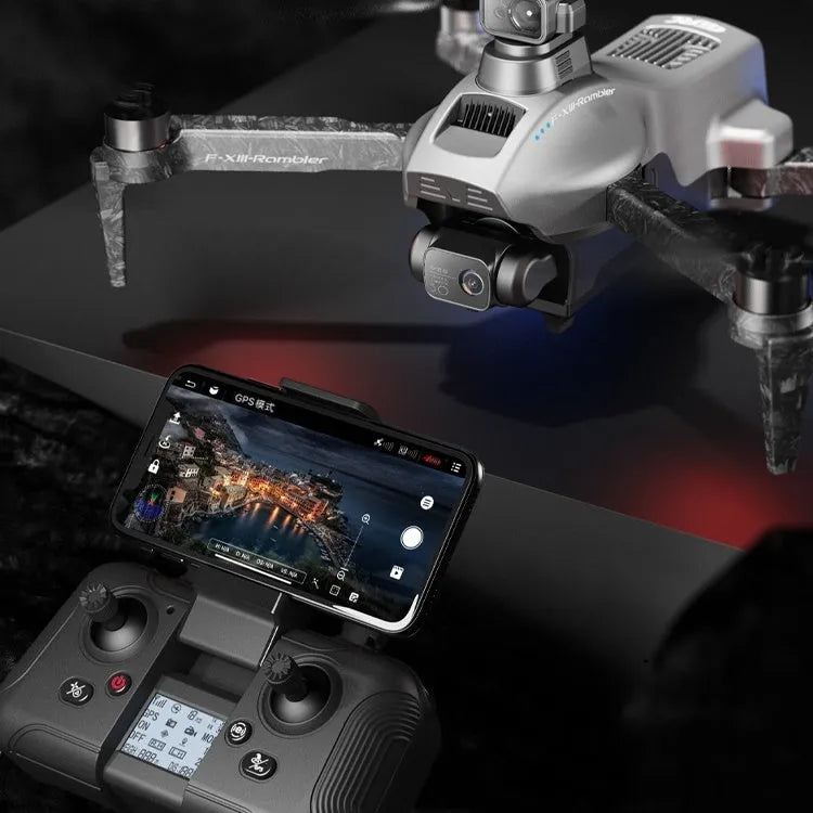 White folding quadcopter drone with camera, shown with remote control, batteries, and shoulder bag.