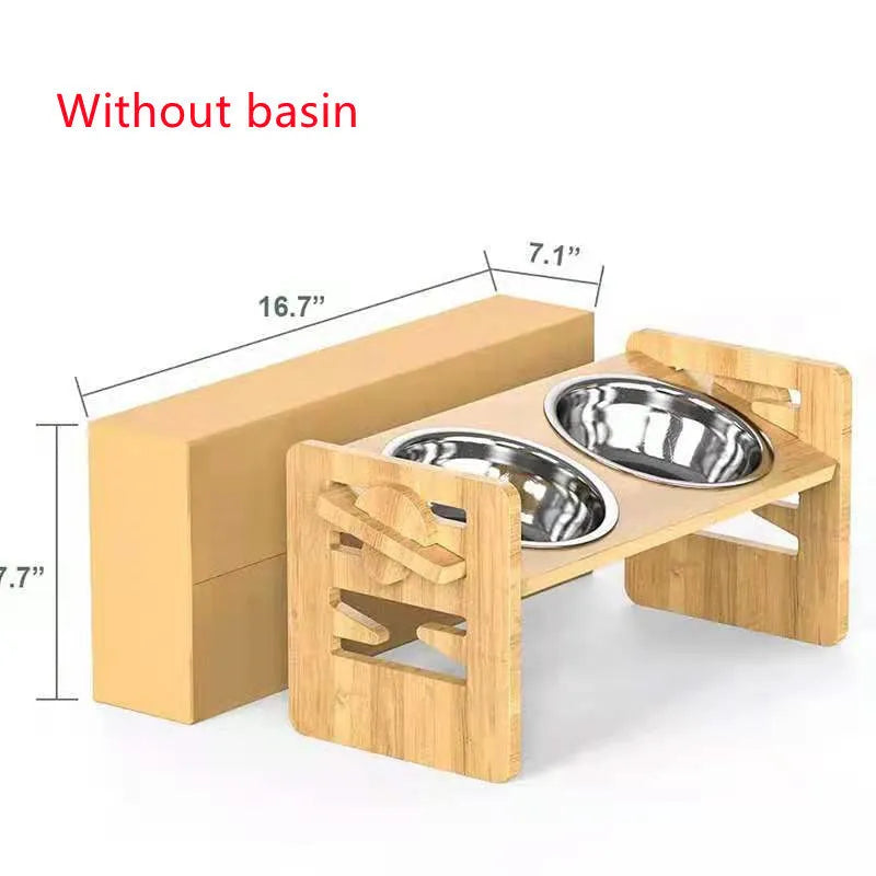 Bamboo cat and dog bowl rack, wood colour, 40 x 19.5 x 18 cm folding double bowl feeder stand with basin options