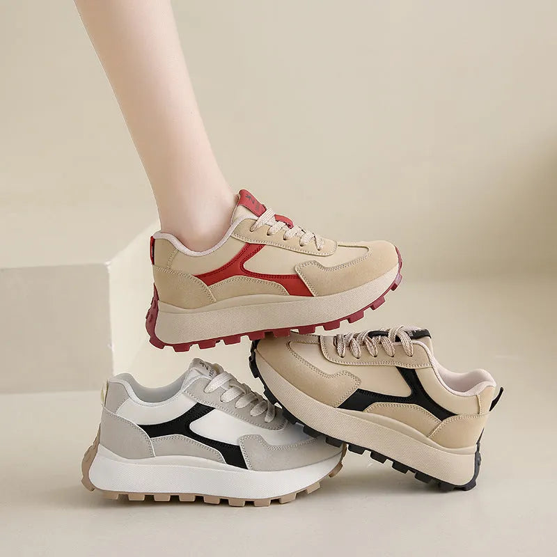 Women's low-top lace-up platform sports shoes in card black, khaki red, or white grey with rubber sole.