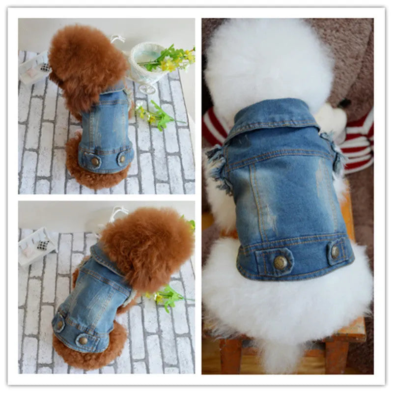 Denim pet dog vest with retro scratch pattern in dark and light colours for small breeds