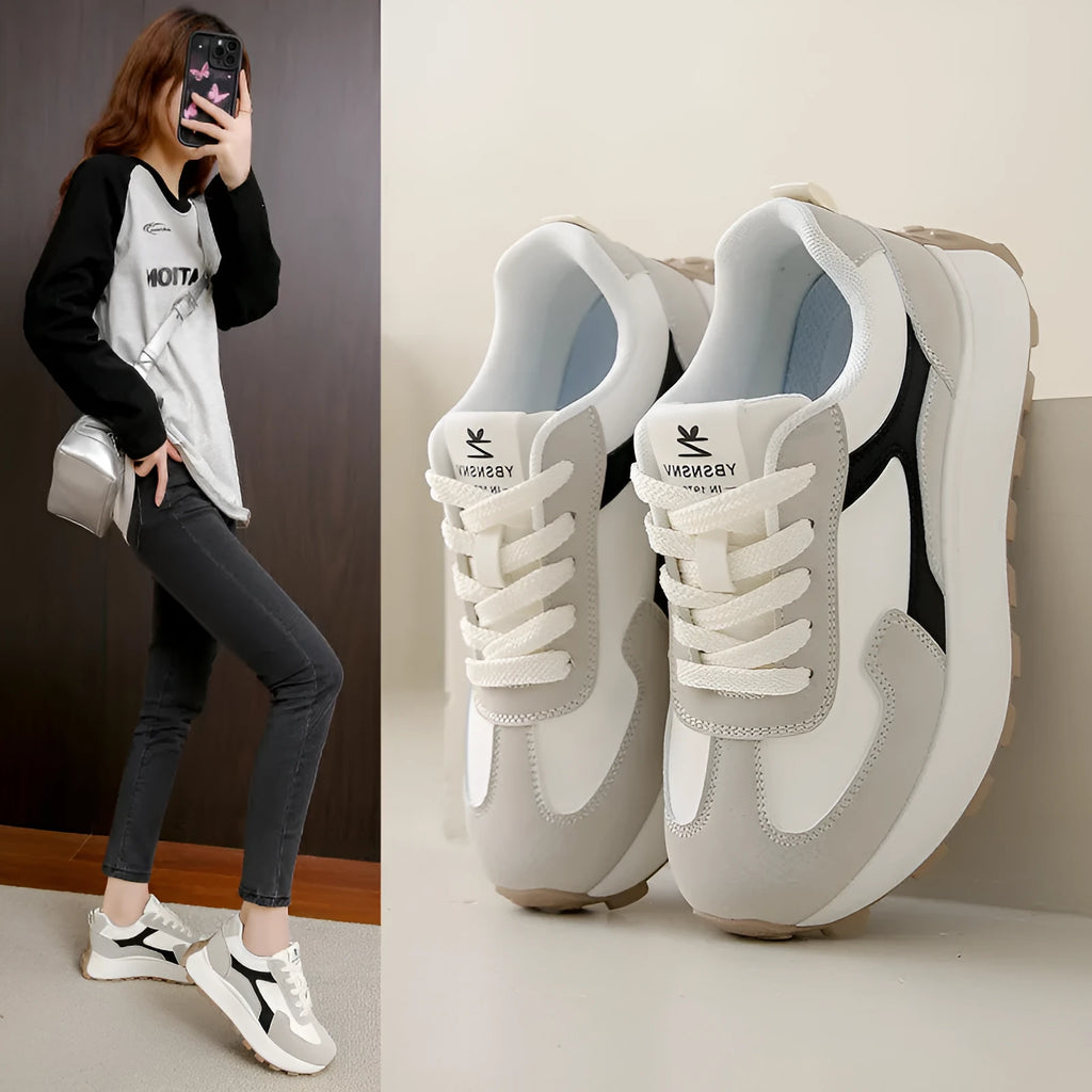 Women's low-top lace-up platform sports shoes in card black, khaki red, or white grey with rubber sole.