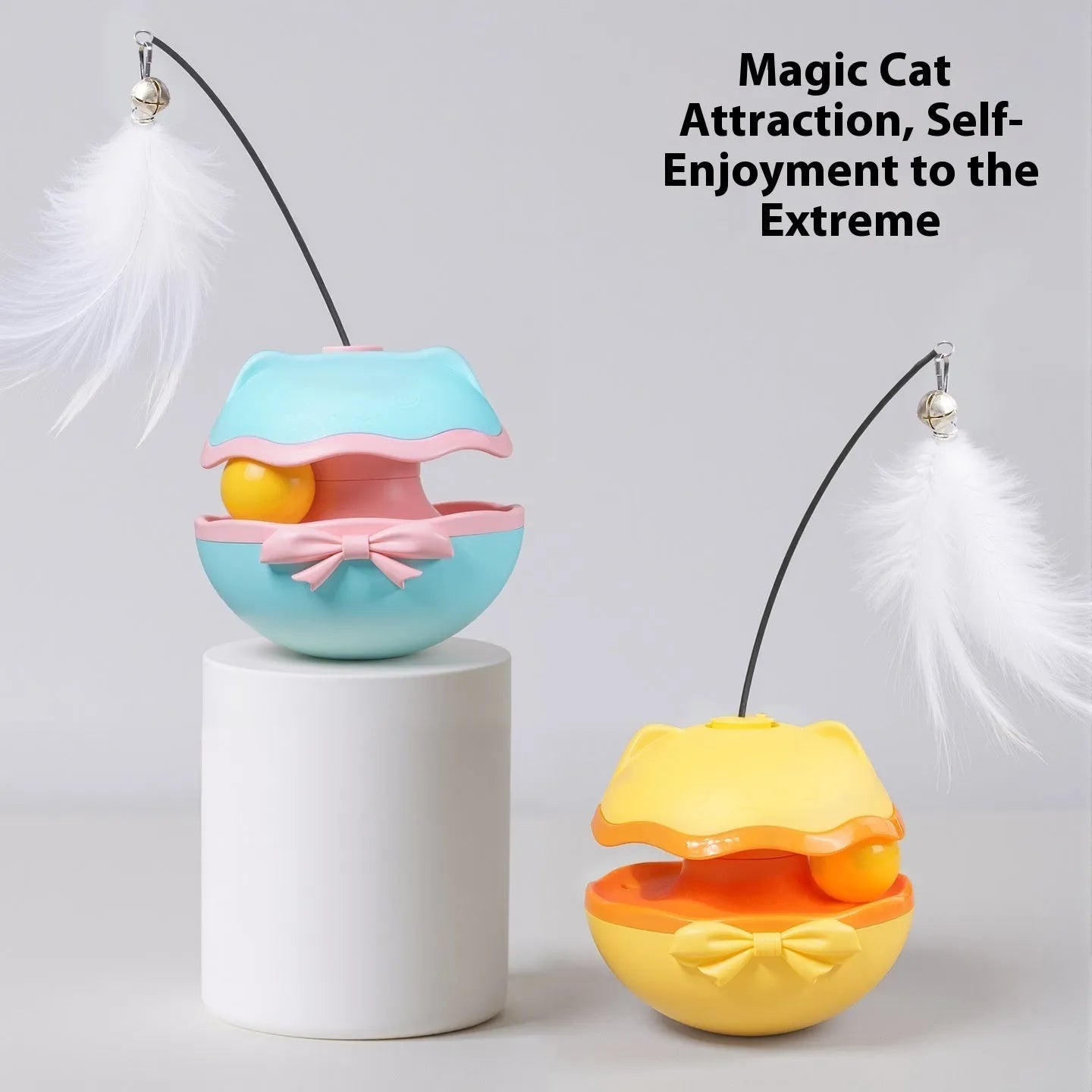 Electric cat teasing stick with LED light in lemon yellow, sky blue, and soft fog grey colour options.