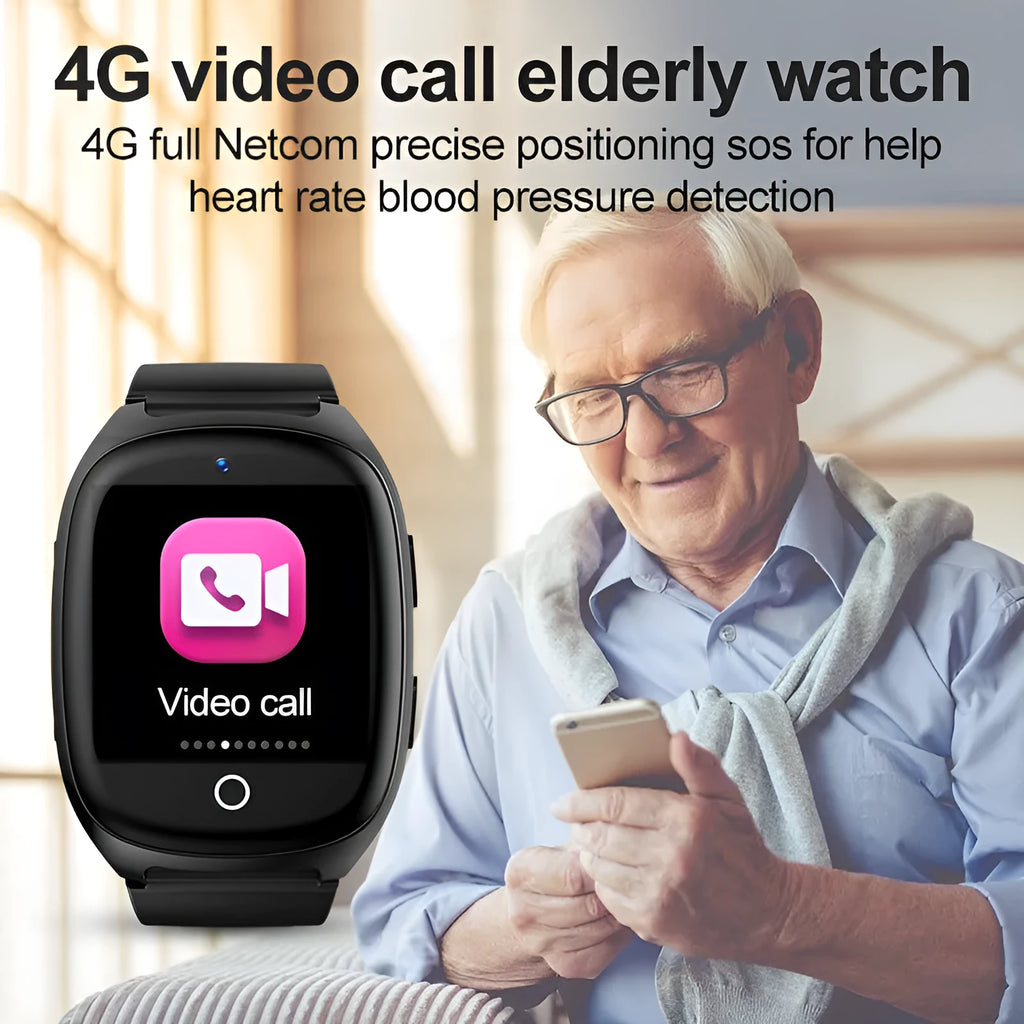 Black GPS tracker smartwatch for children with a touch screen showing a video call interface.