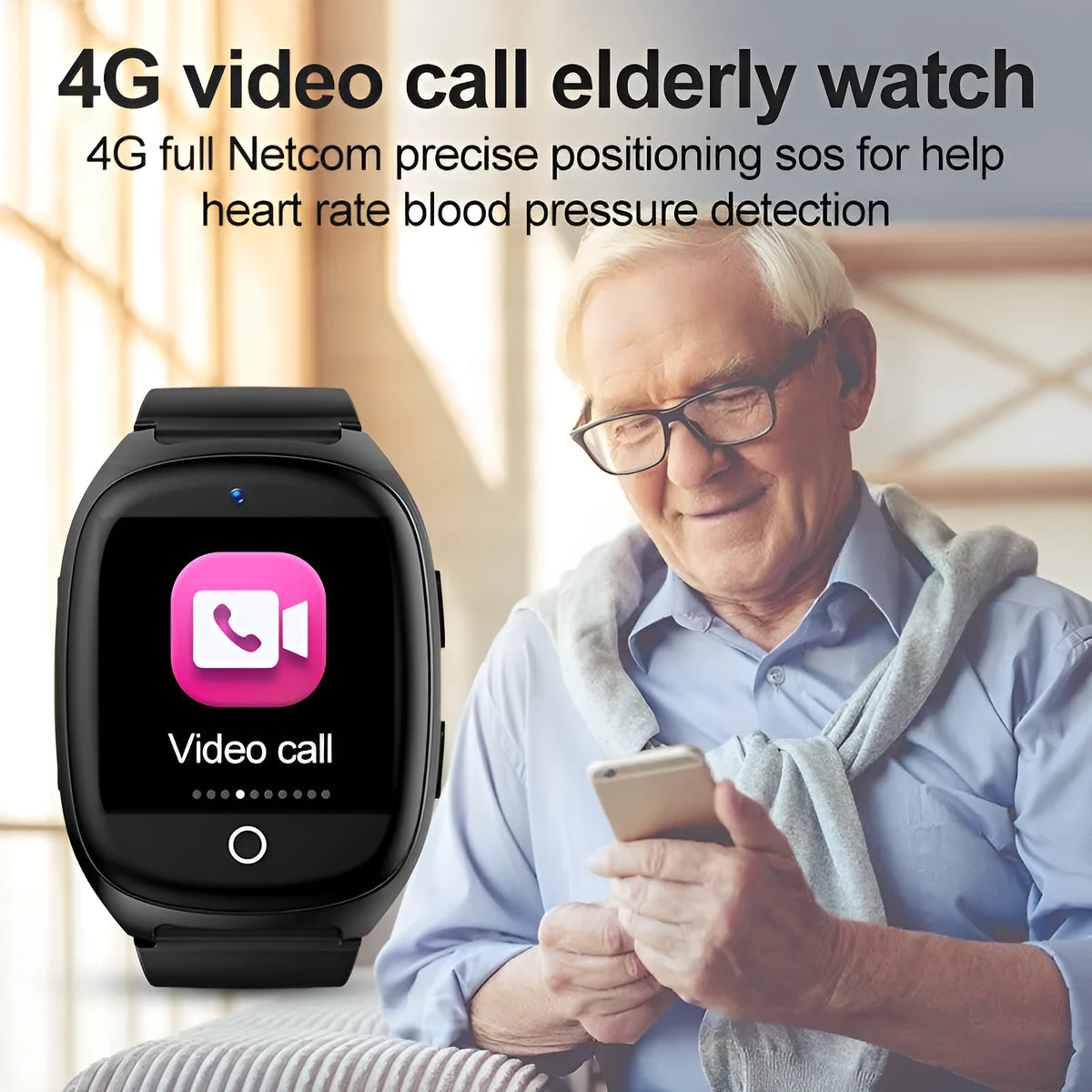 Black GPS tracker smartwatch for children with a touch screen showing a video call interface.