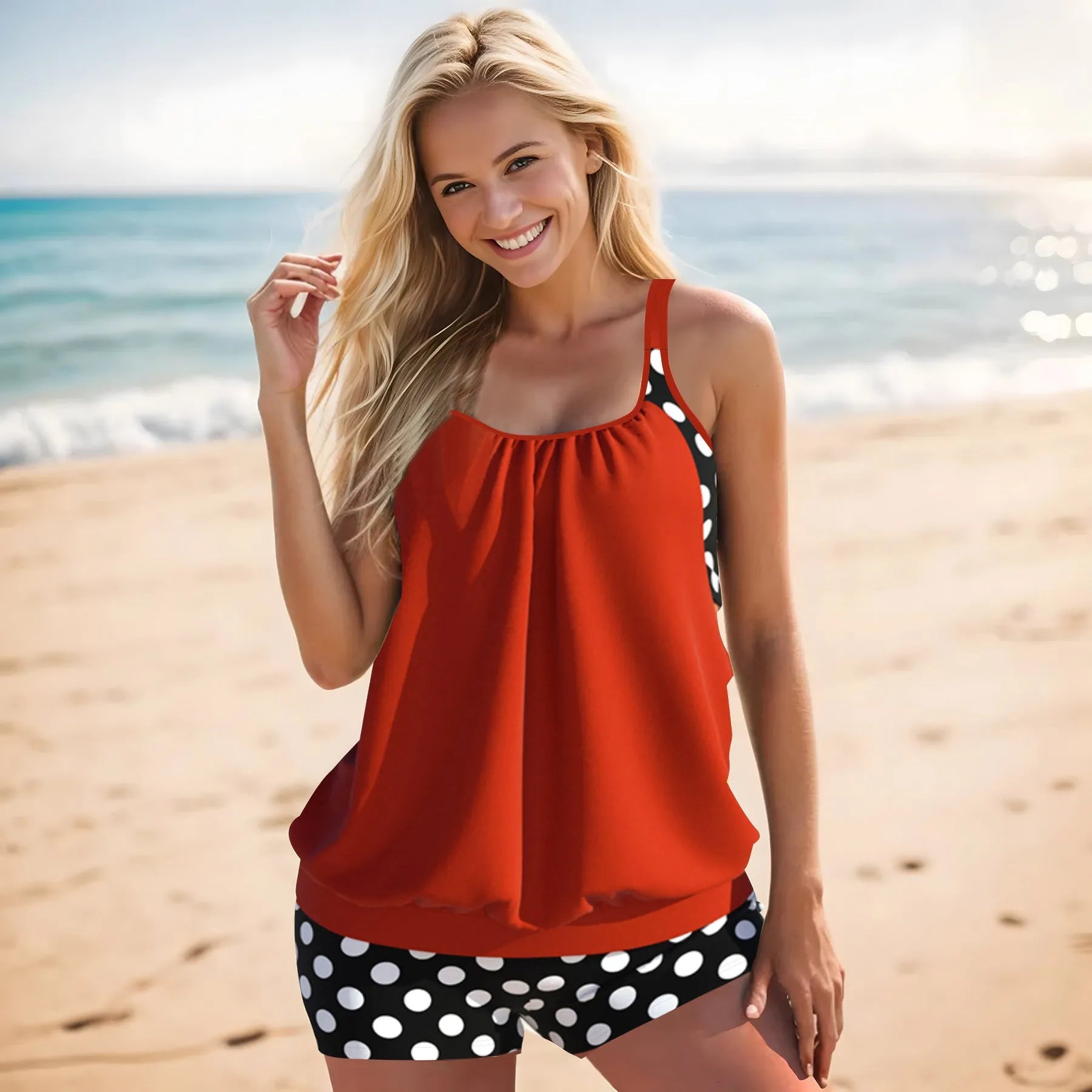 Women's polka dot print boxer swimsuit with high waist briefs in polyester fabric