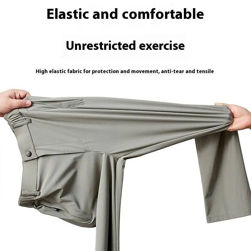 Men's loose-fit ice silk trousers in black, shown flat, highlighting the elastic waistband and straight leg.