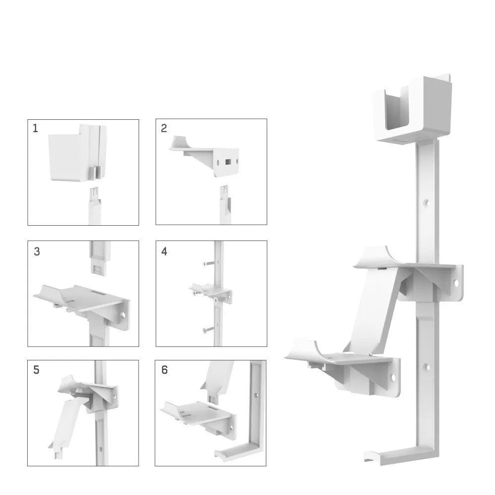 White wall-mounted hook holding PlayStation controller and headset