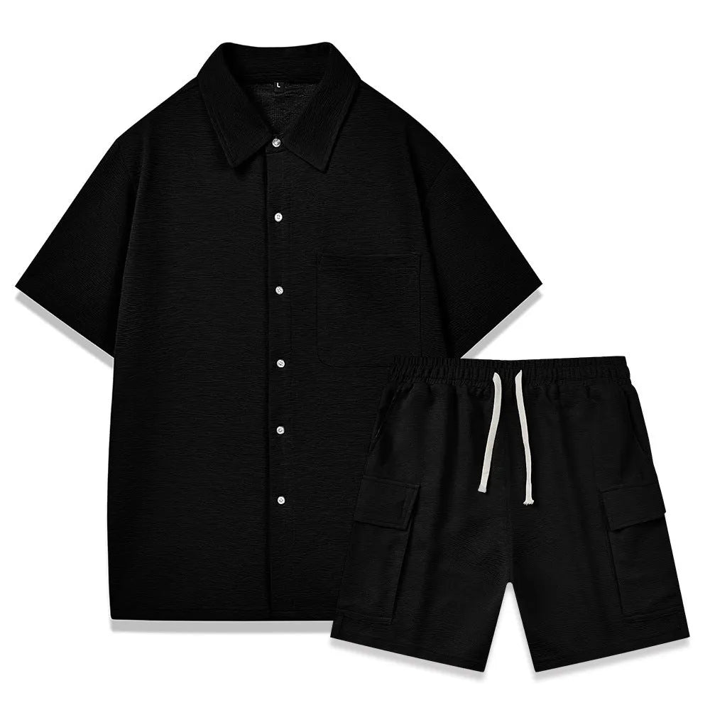 Elastic waist shorts and short sleeve top two-piece set in a neutral colour on a hanger.