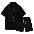 Elastic waist shorts and short sleeve top two-piece set in a neutral colour on a hanger.