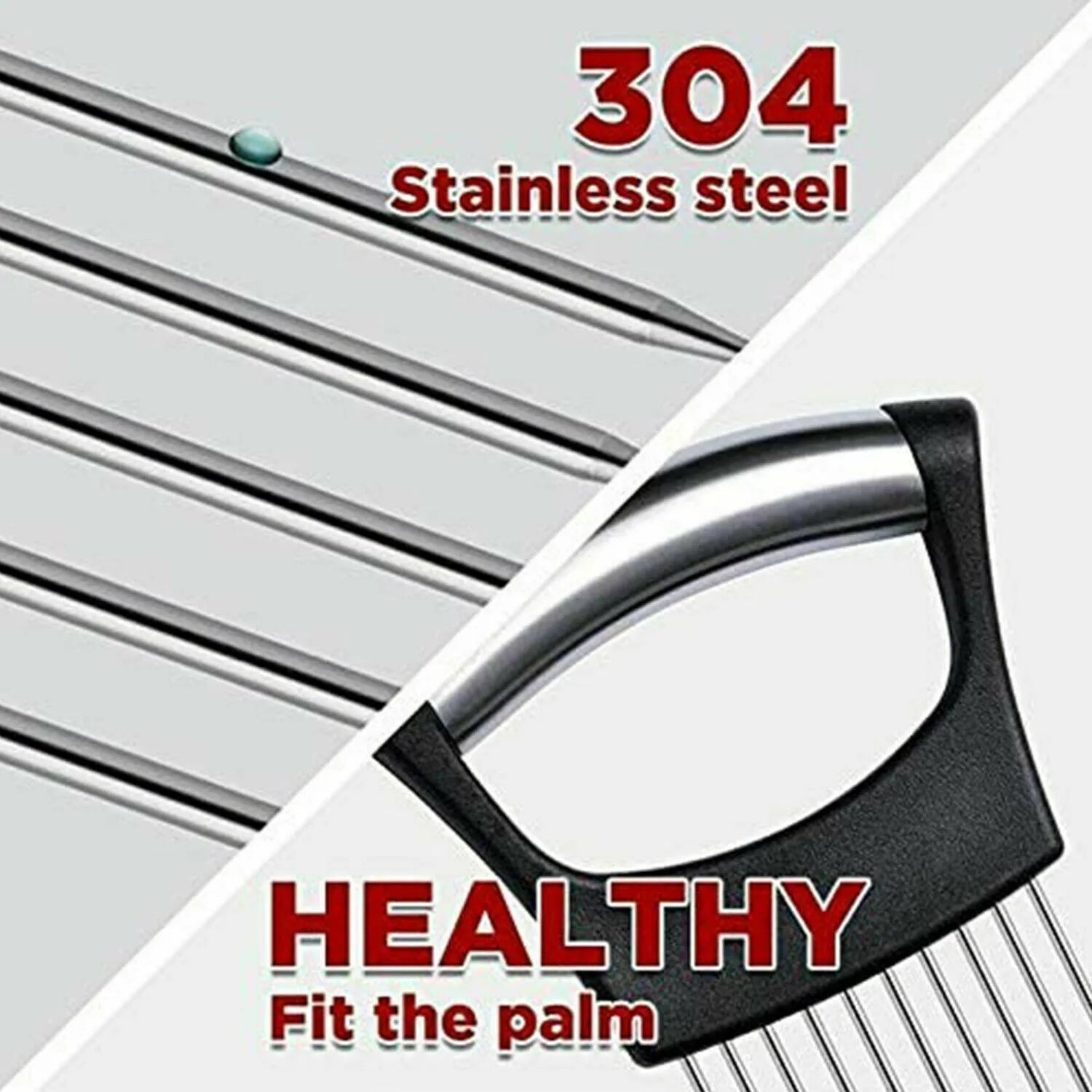 Stainless steel onion slicer tool with needles on a white ABS base.
