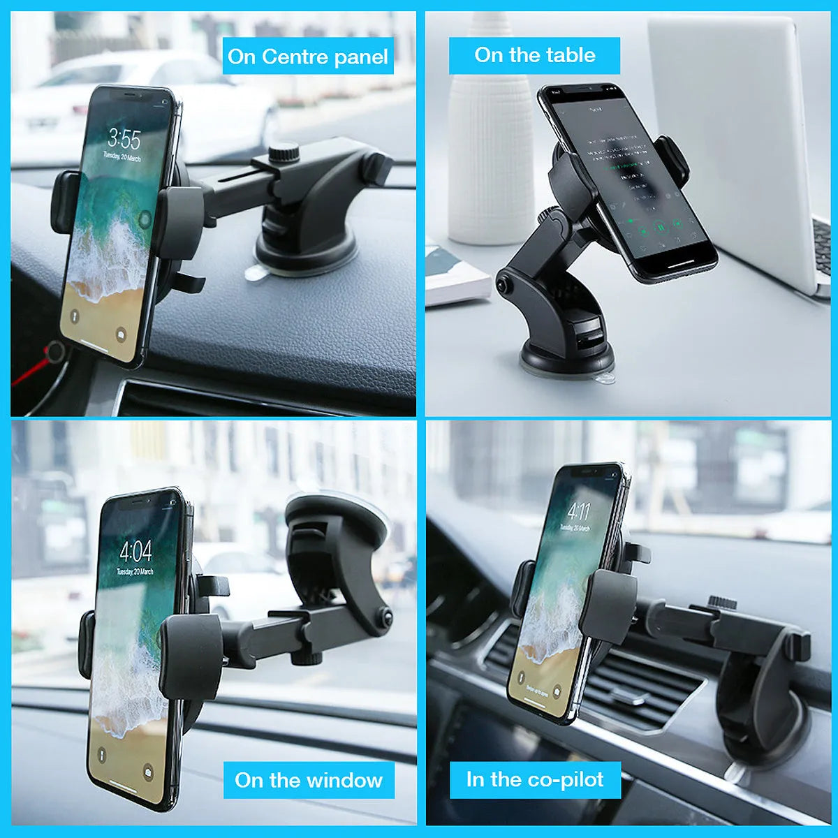 Yellow and black telescopic car dashboard phone holder with suction cup mount extended