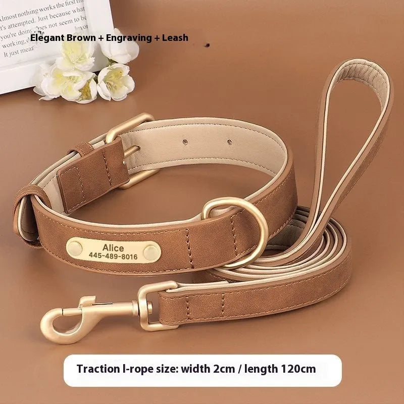 Double-layer leather and mohair dog collar with attached lead in rose red, brown, and blue colour options.