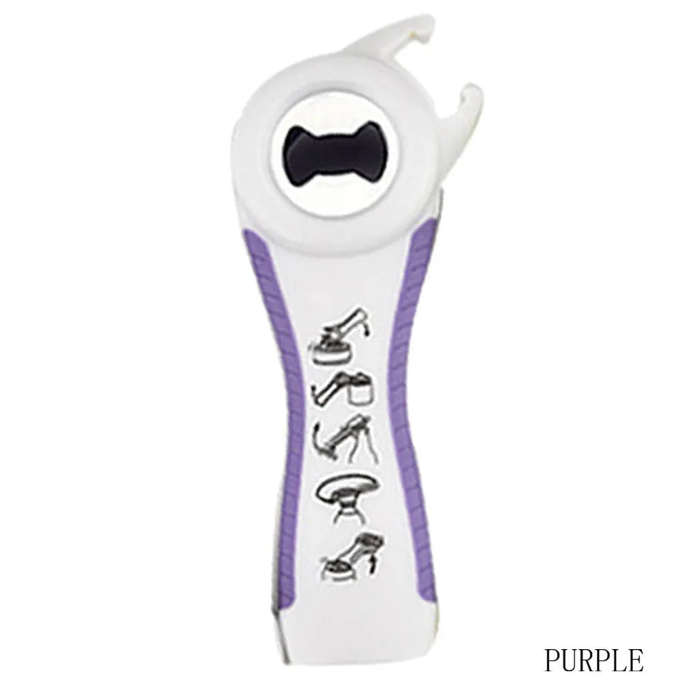 5 in 1 stainless steel can opener and bottle opener, 14.5 cm, with PP handle in black, green, purple, or white