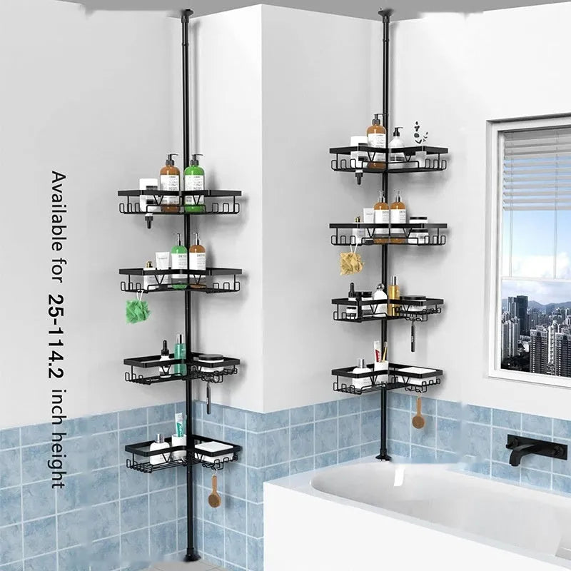 Stainless steel bathroom storage rack with four wire shelves, hole-free design