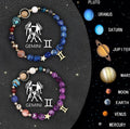 Two natural stone beaded bracelets showcasing zodiac sign designs on a flat surface.