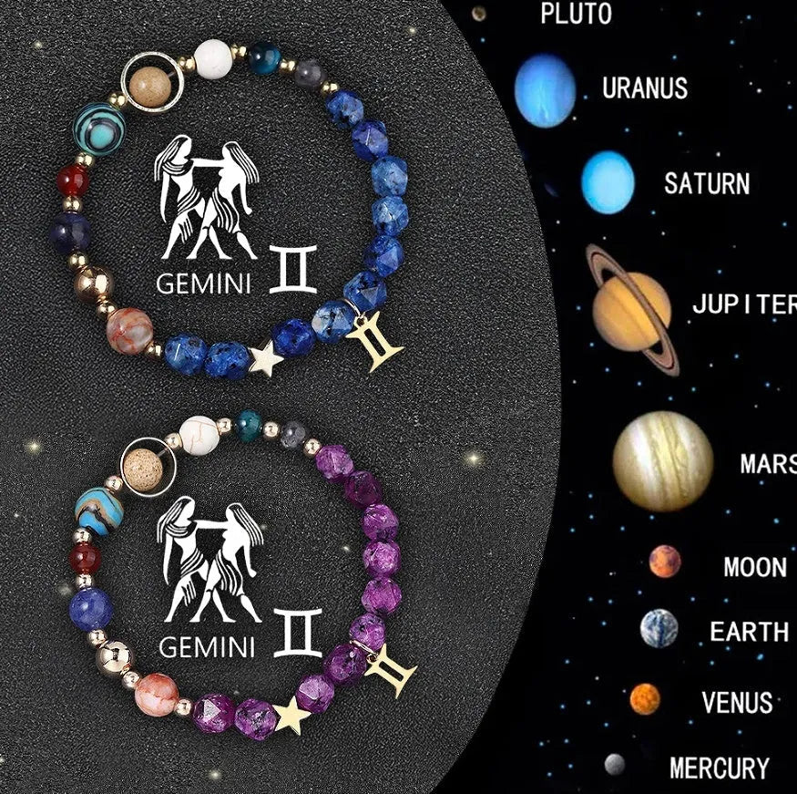 Two natural stone beaded bracelets showcasing zodiac sign designs on a flat surface.