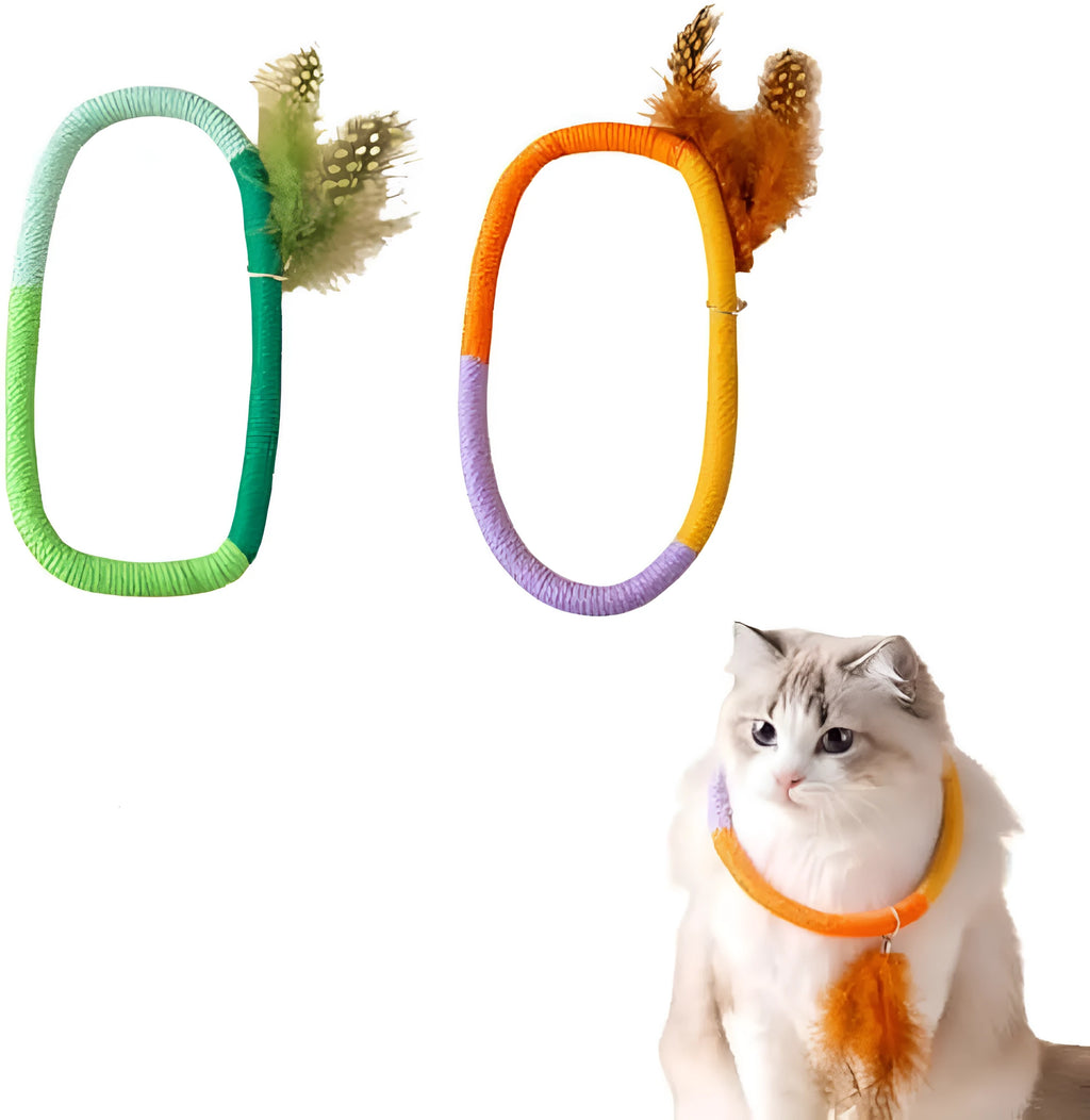 Circular green cotton rope cat toy with feathers and catnip for interactive play