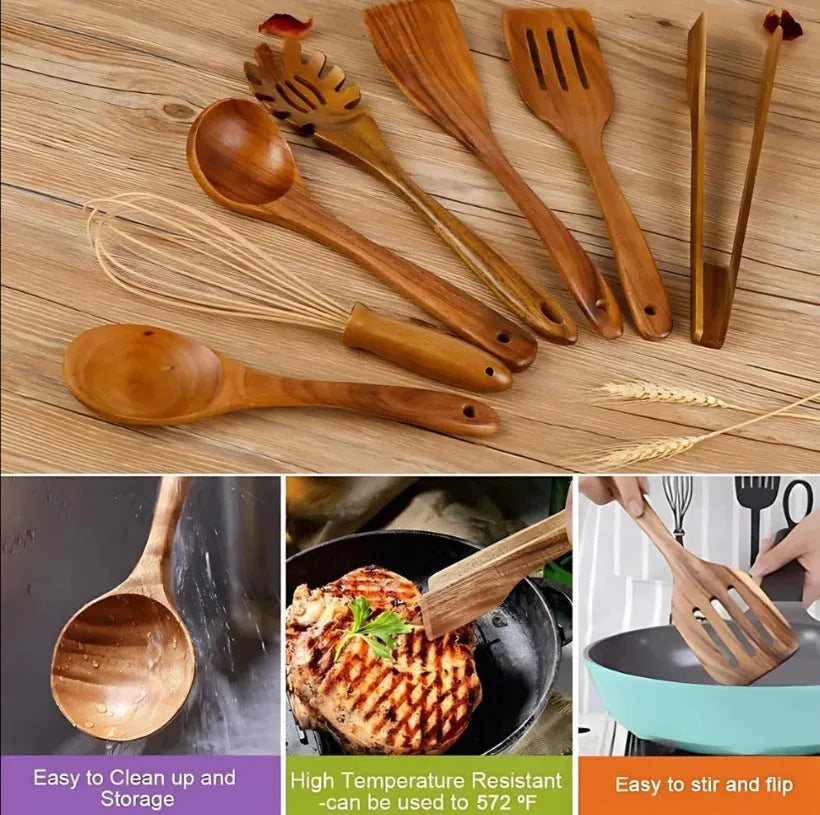 Seven-piece set of wooden cooking utensils including spoons and shovels on a kitchen counter.