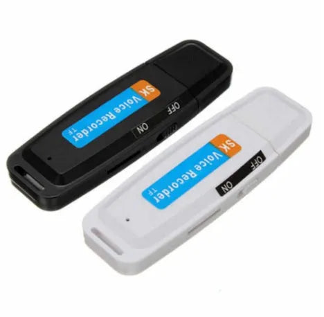 Black and white SK-001 SK-868 creative USB flash drive with voice function showing size scale.
