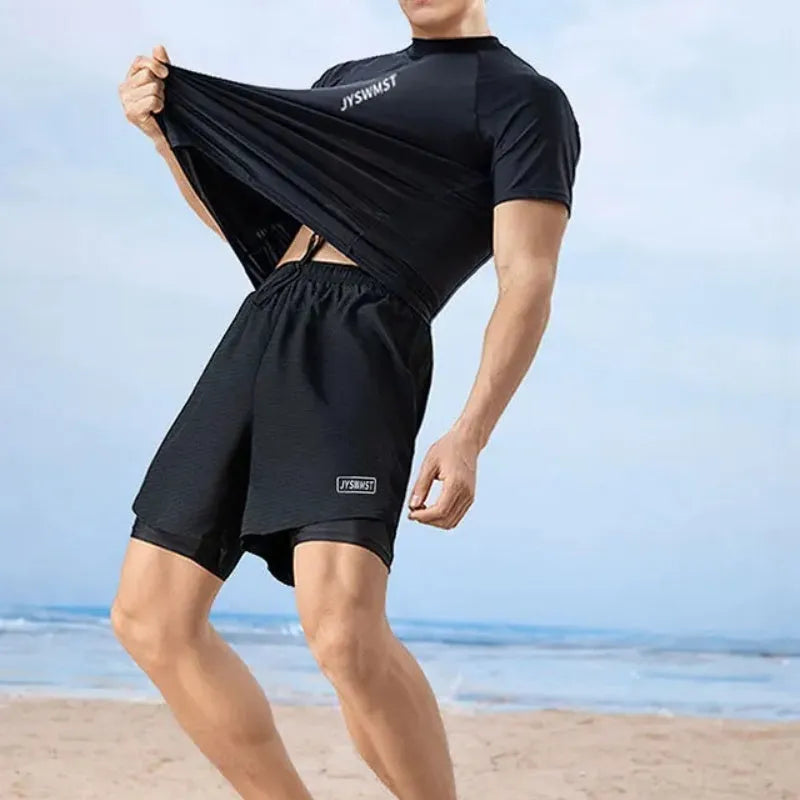 Men's patterned polyester swimsuit set with top and trousers on a mannequin