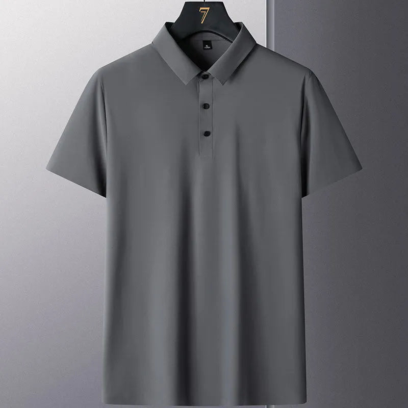 Men's solid colour short sleeve non-ironing business casual shirt on a hanger.