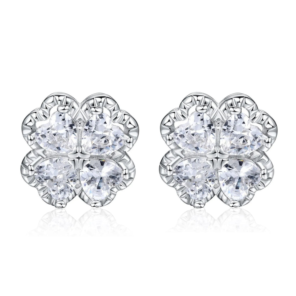 Women's sterling silver heart-shaped four-leaf clover earrings with white zircon stones