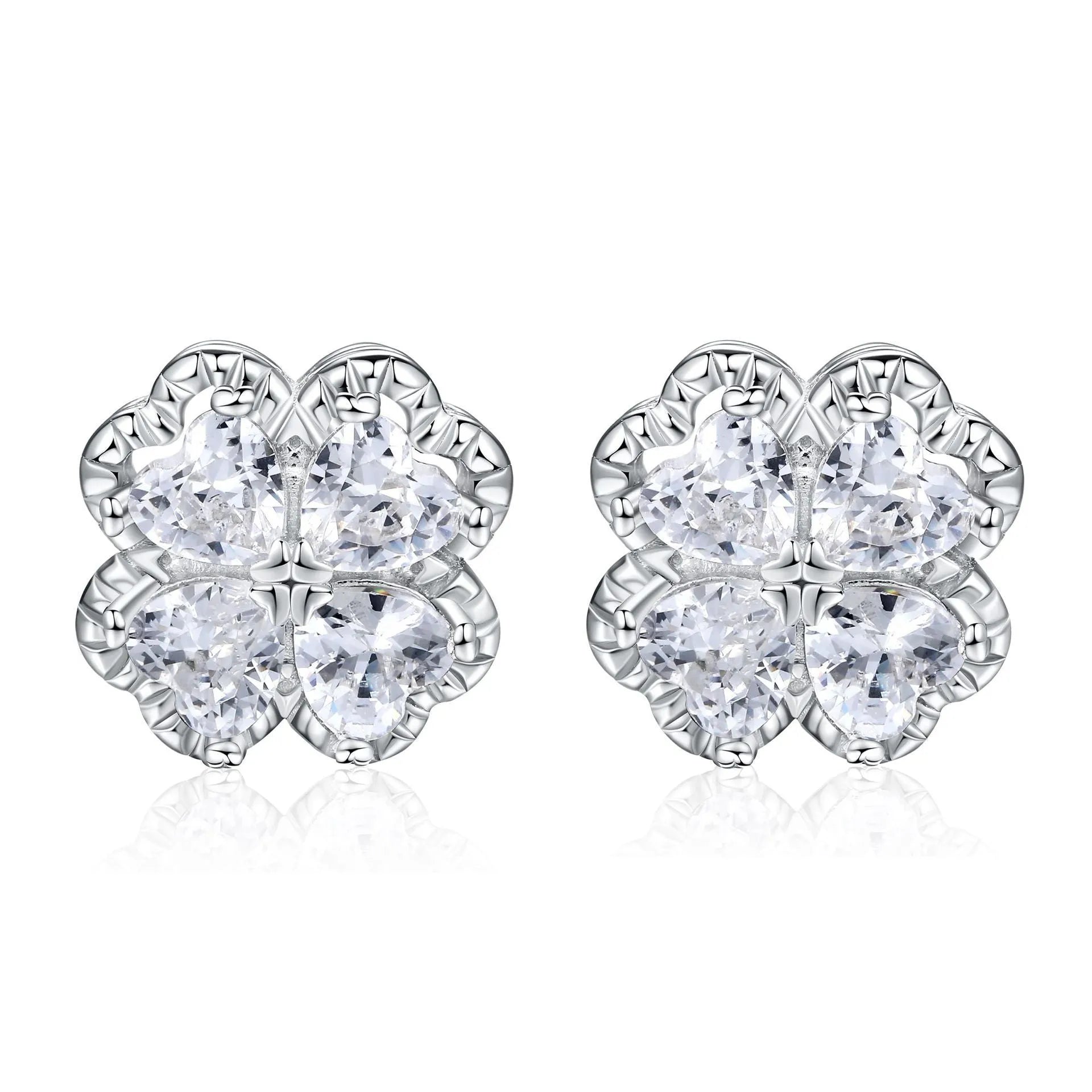 Women's sterling silver heart-shaped four-leaf clover earrings with white zircon stones