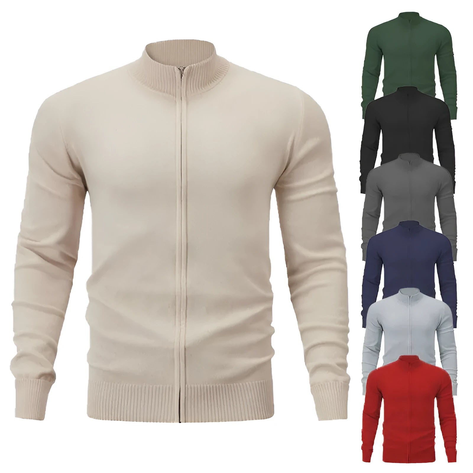 Men's apricot cotton zip-up cardigan with stand collar on a hanger.