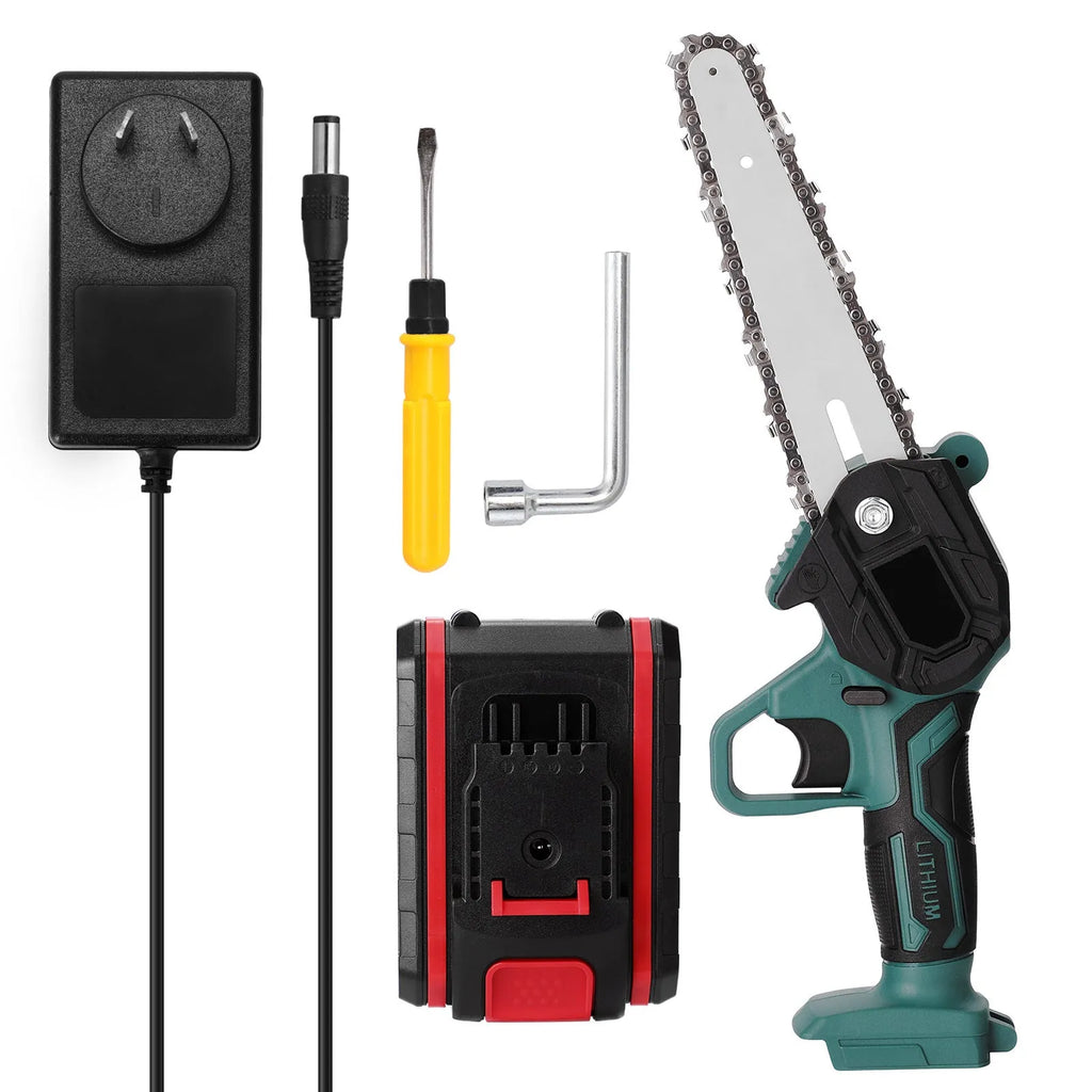 Black mini electric chainsaw with 4-inch guide bar, showing lightweight one-handed design for portable logging