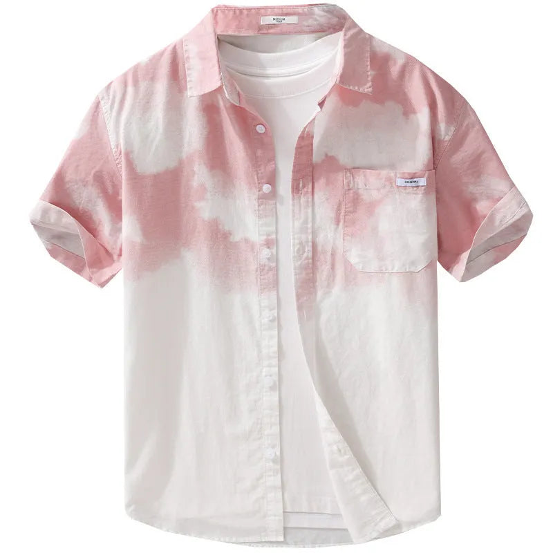 Men's light pink pure cotton summer shirt with short sleeves and loose cardigan style