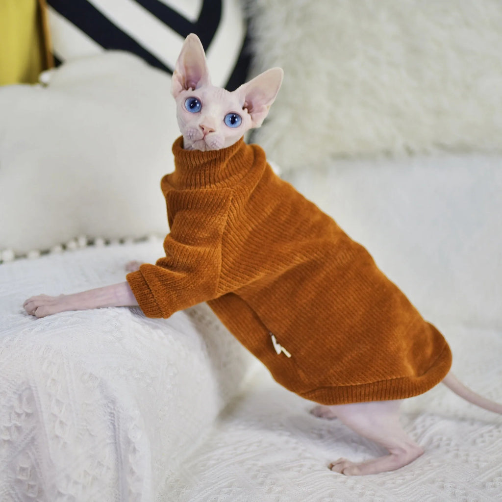 Caramel brown chenille hairless cat jumper, thickened for winter, unisex, sizes XS to XXL.