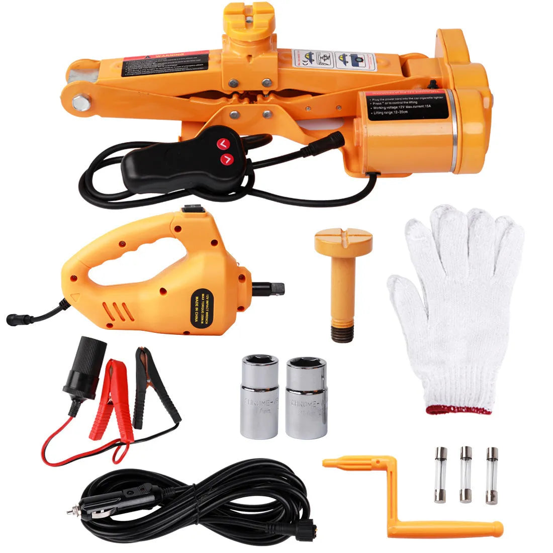 Yellow steel car electric jack set with 12V electric wrench for vehicle tyre changing