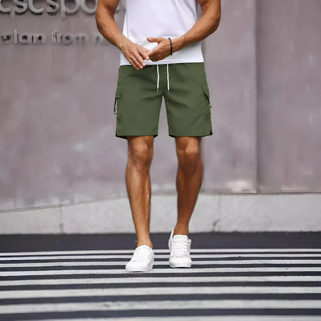 Men's loose-fit workwear shorts in cool silk cotton fabric available in fluorescent green and army green colours