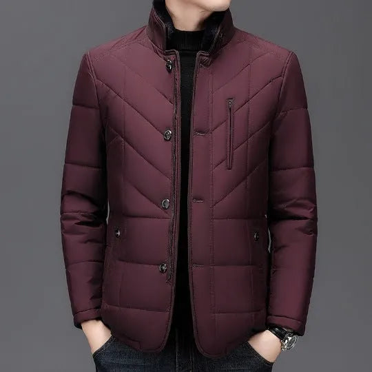 Men's solid colour winter short coat with side seam pockets available in dark blue, wine red, and dark green