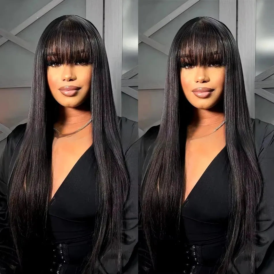 Natural colour human hair straight fringe wig with full-mechanism headgear on display