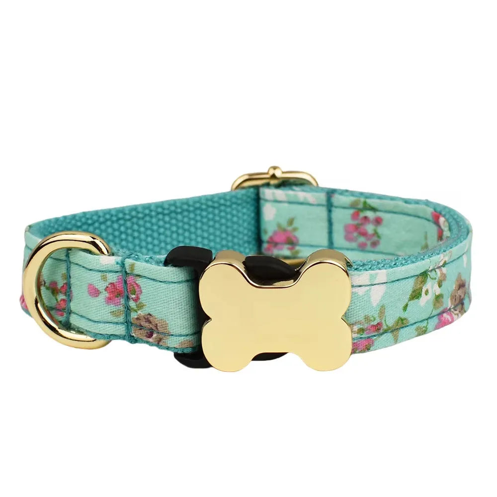 Flat nylon dog collar with printed grid pattern and bone-shaped buckle